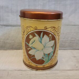 Vintage Floral Tin Canister With Copper Lid Daffodil & Daisy Design 4.5" Tall De